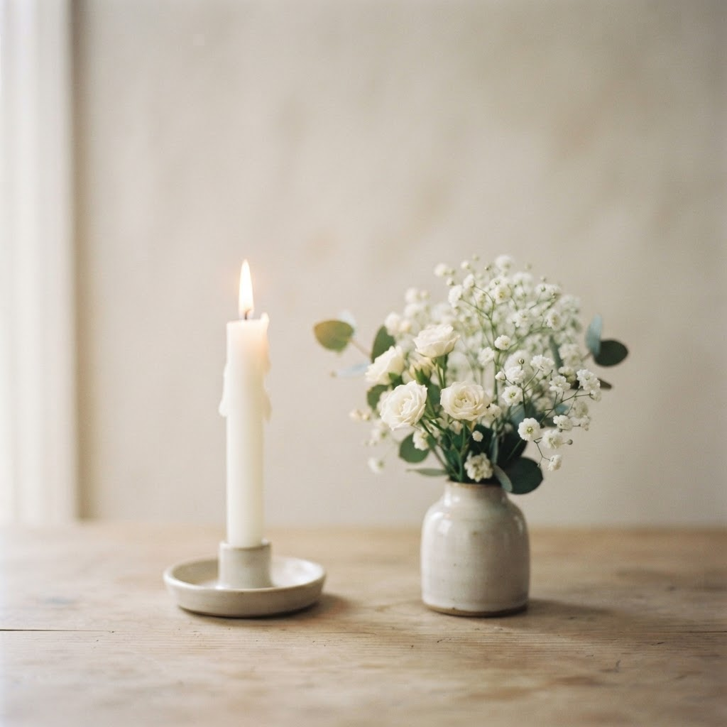 A gently glowing candle beside soft white flowers in warm morning light